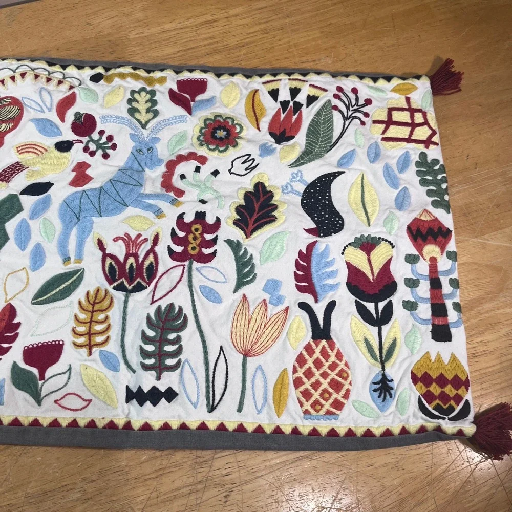 IKEA Rodarv Embroidered Lumbar Pillow Cover White Grey Multi Gazelle Floral